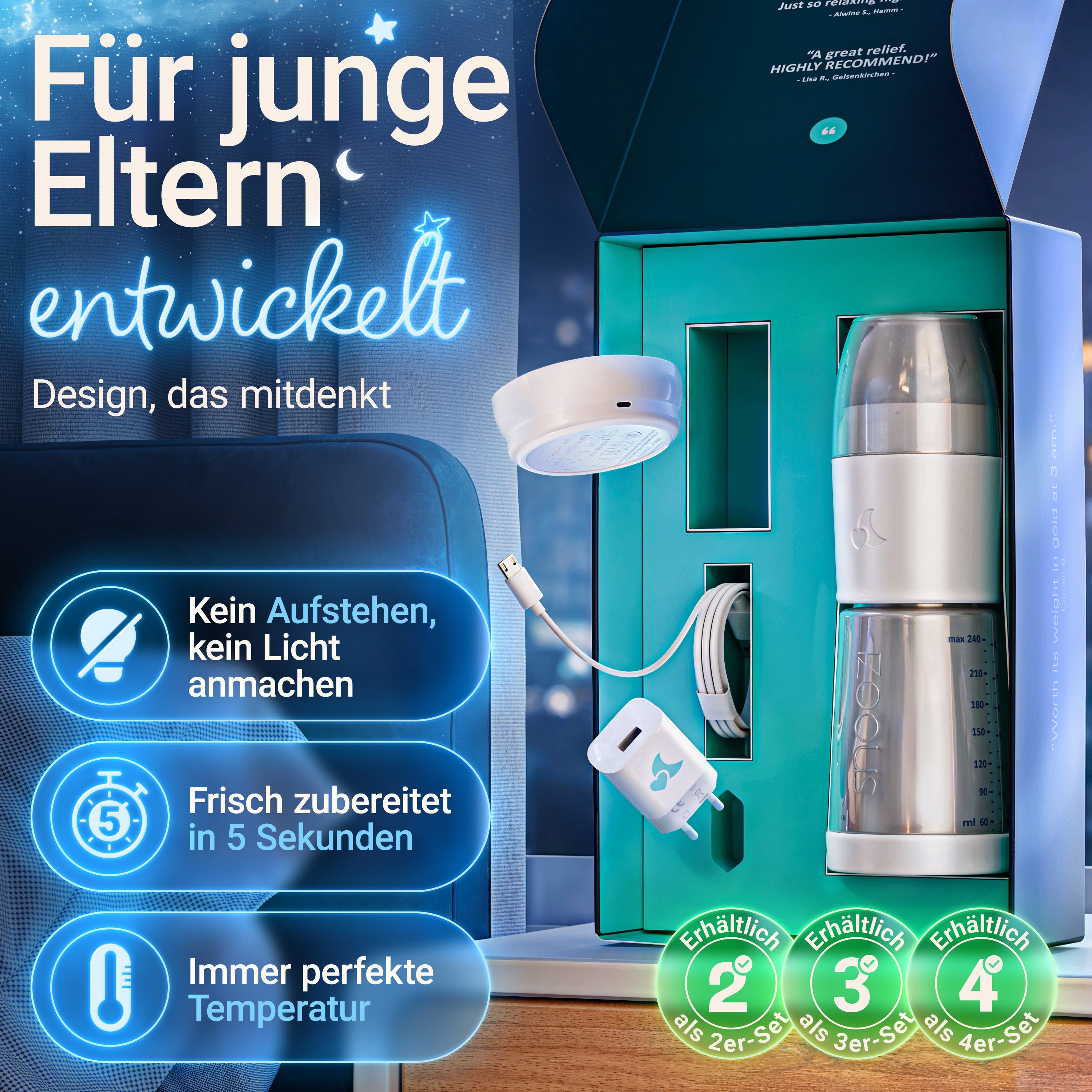 snoozi Set: Nachtflasche mit Flaschenwärmer