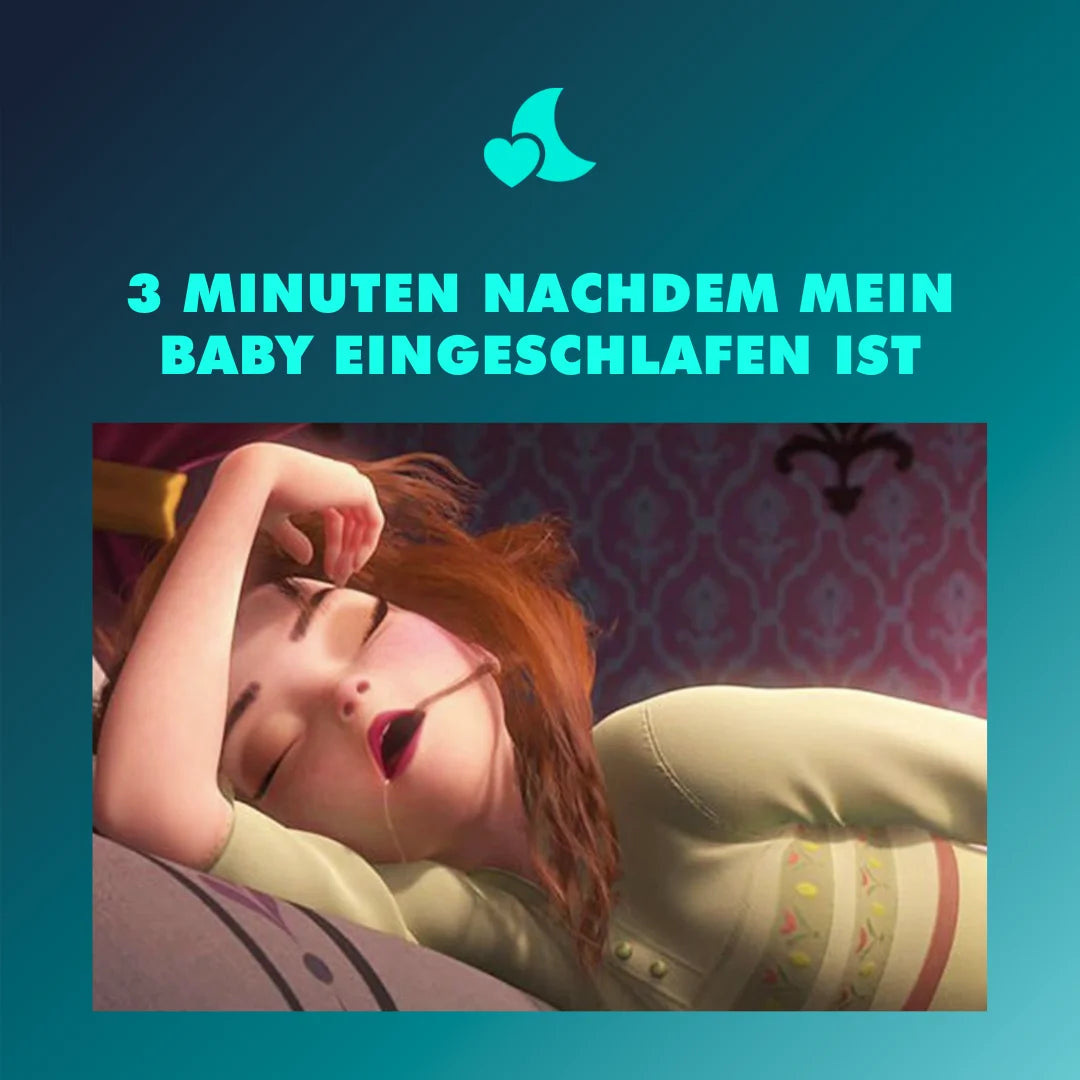 Meme: Anna aus Frozen liegt mit zerzausten Haaren im Bett. Spruch: 3 Minuten nachdem mein Baby eingeschlafen ist. 