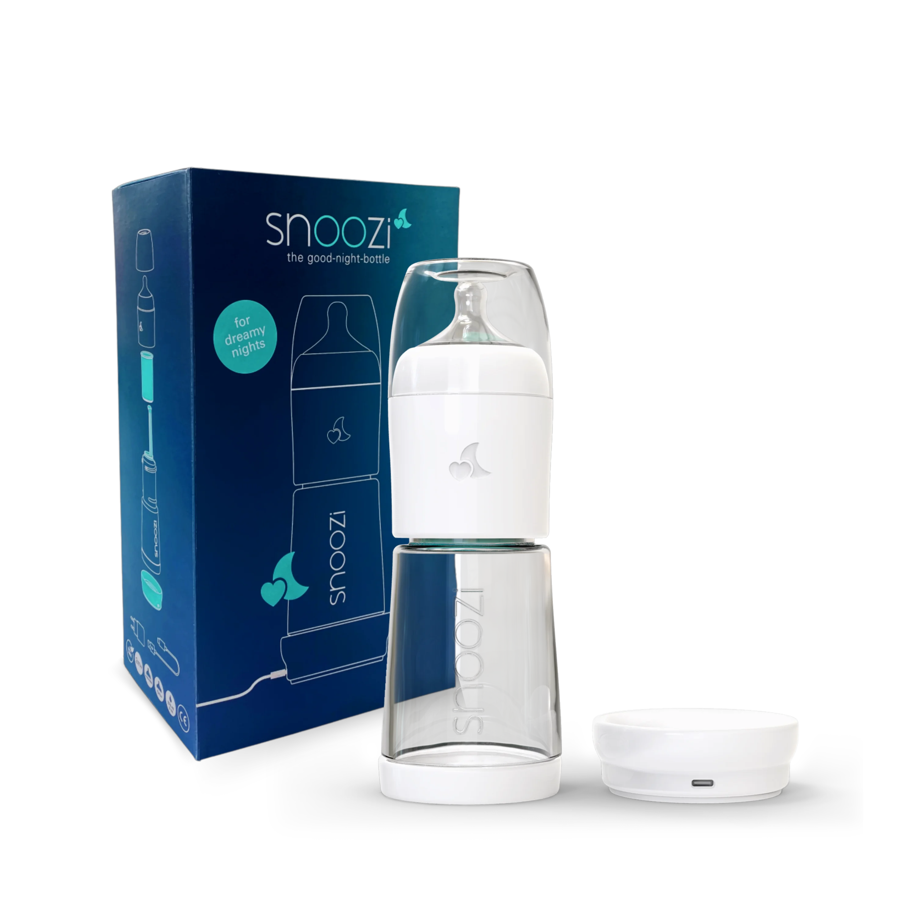 Produktbild der snoozi Nachtflasche mit Verpackung 