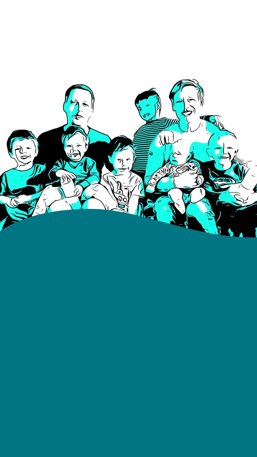 Comiczeichnung der Gründer mit ihren insgesamt 6 Kindern 